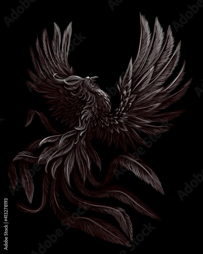 Phoenix. Black and white, graphic, digital drawing of the phoenix bird on a black background. Vector graphics. Separate layers.