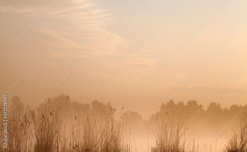 Foggy morning near the river, abstract background.