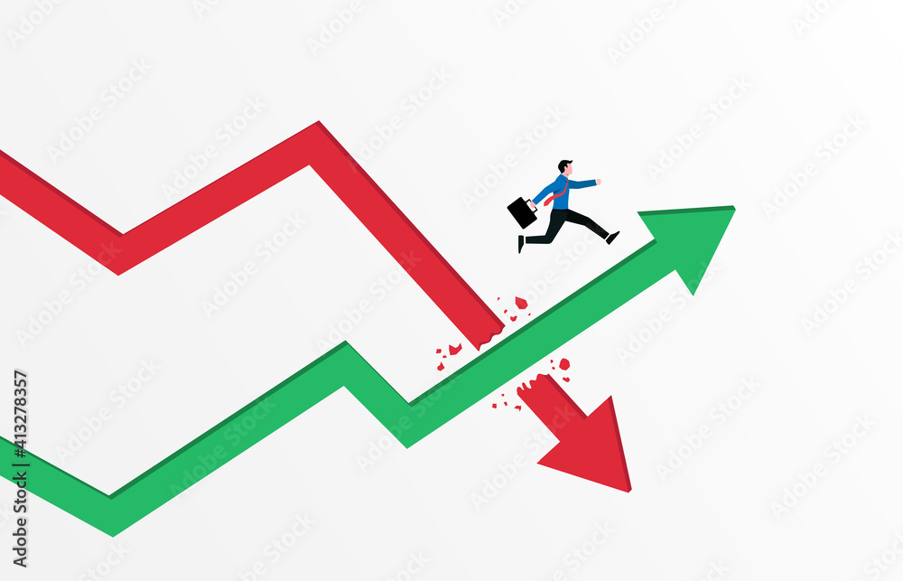 Business concept. Businessman jumping over green arrow graph illustration. Business concept. Businessman jumping over green arrow graph illustration.