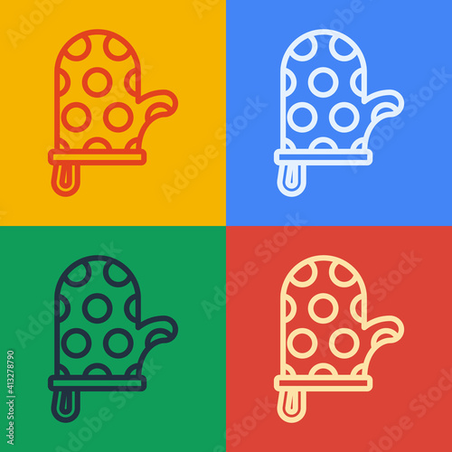 Pop art line Oven glove icon isolated on color background. Kitchen potholder sign. Cooking glove. Vector.