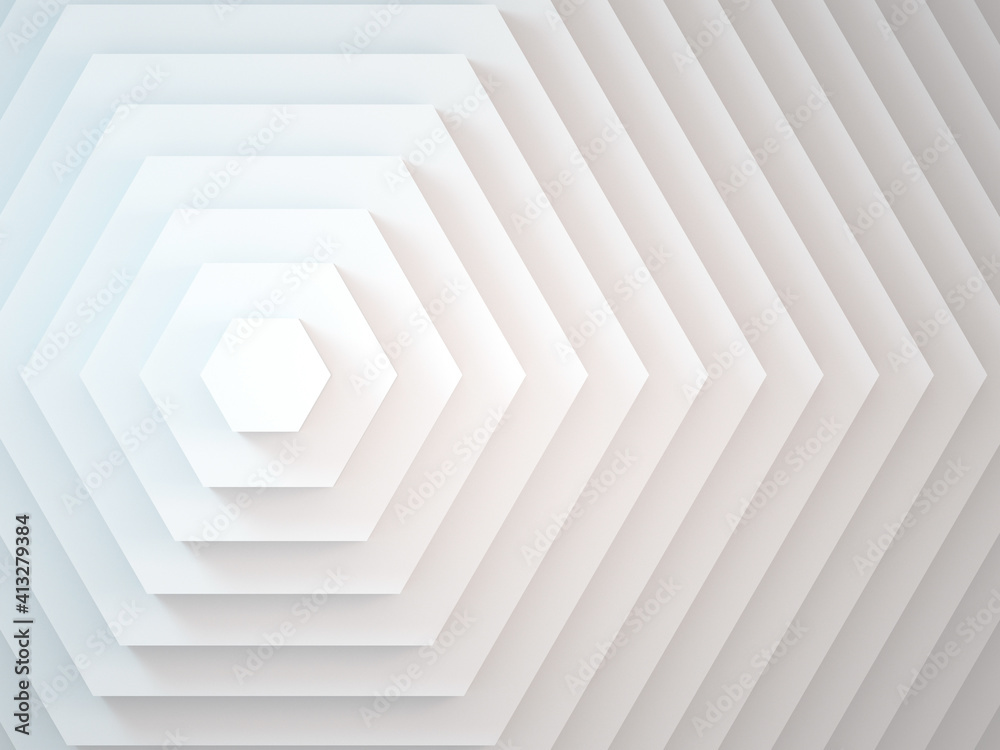 White hexagonal installation, front view. 3d White hexagonal installation, front view. 3d