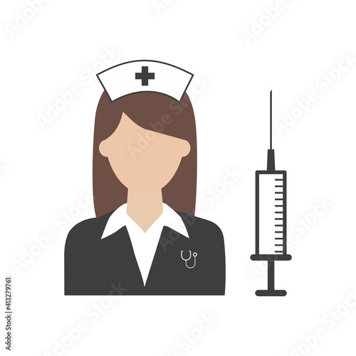 nurse with injection syringe. Vector illustration of a nurse with medical icons background.