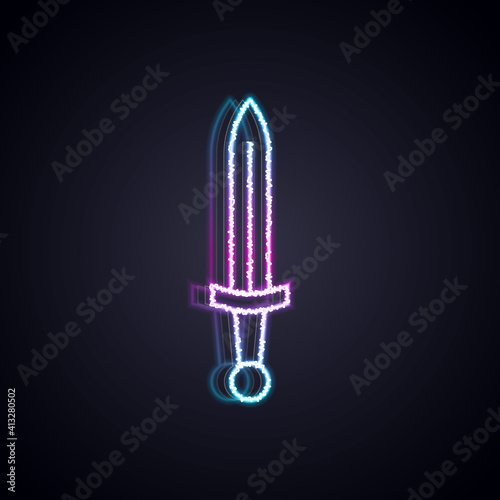 Glowing neon line Medieval sword icon isolated on black background. Medieval weapon. Vector.