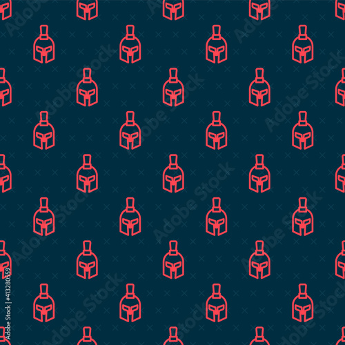 Red line Greek helmet icon isolated seamless pattern on black background. Antiques helmet for head protection soldiers with a crest of feathers or horsehair. Vector.