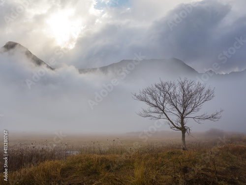 snowbound mountain chain beynd a grass prairie in a mist 
