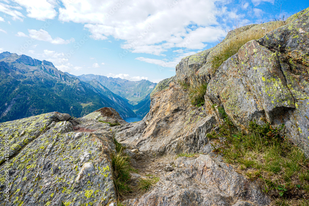 Majestic view to the Lago del Sambuco from a rocky path near Fusio, Switzerland