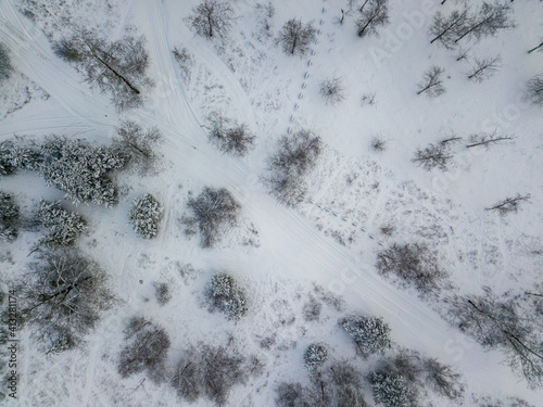 The road in the snowy forest. Aerial drone view. Cloudy winter day.