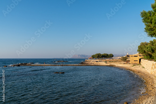 Panorama of picturesque marina of Chania is one of landmarks and tourist destinations of Crete island in the morning on sunrise. Chania, Crete, Greece