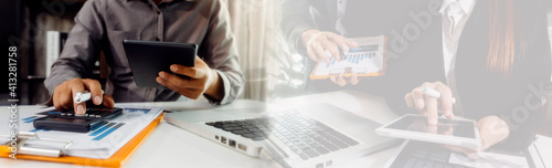 Searching Browsing Internet Data Information with blank search bar.businessman working with smart phone, tablet and laptop computer on desk in office. Networking Concept