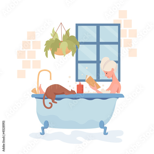 Young happy woman take a bath and reading book vector flat illustration. Woman resting with domestic pet in bathroom. Bath time, taking care of herself, spa procedure in salon, hotel, or at home.