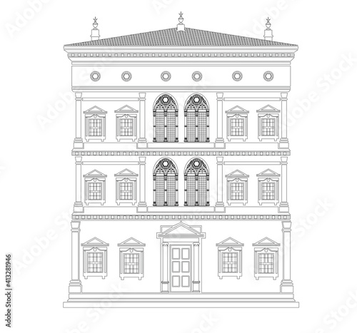 ANCIENT CLASSIC STYLE BUILDING DRAWING WITH ROMAN AND GOTHIC COLUMNS