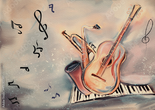 Sticker World of music. Painting on canvas. Concept background