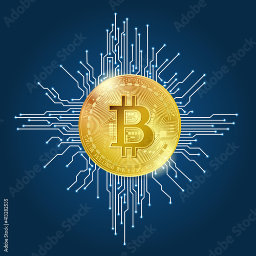 Bitcoin. Physical bit coin. Digital currency. Cryptocurrency. Golden coin with bitcoin symbol isolated on dark blue background with microchip. 