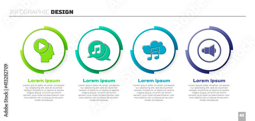 Set Head people with play button, Musical note in speech bubble, Music streaming service and Speaker volume. Business infographic template. Vector.