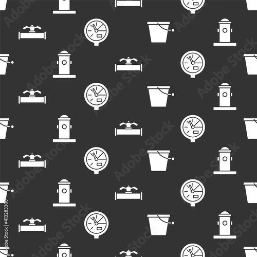 Set Bucket, Fire hydrant, Industry pipe and valve and Water meter on seamless pattern. Vector.