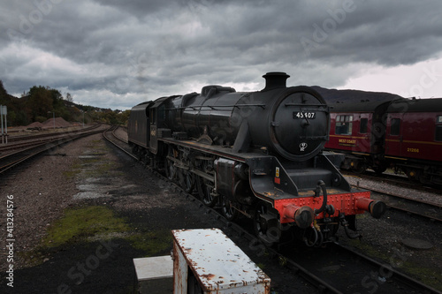 Steam locomotive at the stop of the Harry Potter train at Fort William Highlands in Scotland
