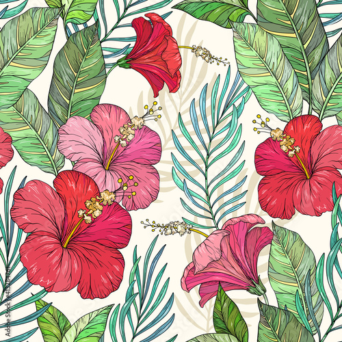 Seamless exotic pattern with tropical leaves. Tropical flowers and plants
