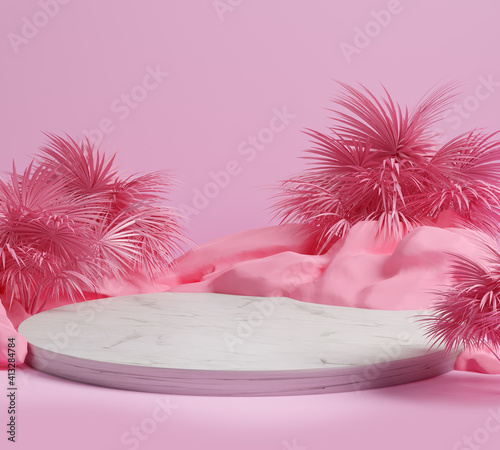 3d render stone,palm leaf and pink background, pink color gemotric with marble podium,display or showcase. photo