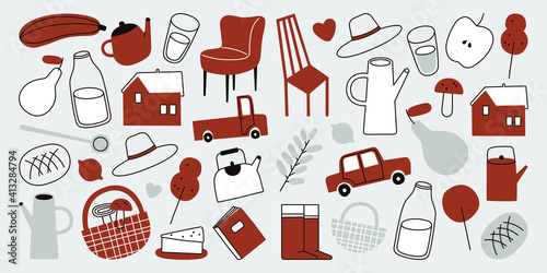 Vector illustration set of agriculture and village icons. Contains icons such as mushrooms, basket, branch, kettle, rubber boots and more