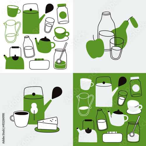 Teapot hand drawn ink vector illustration set old style. Tea coffee season autumn winter kettle set breakfast 