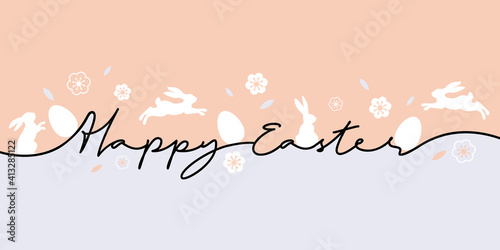 Happy Easter greeting card. Trendy Easter design with typography, eggs and bunnys in pastel colors. Modern minimal style. Horizontal poster for cover, social media, fashion ads, banner, website header