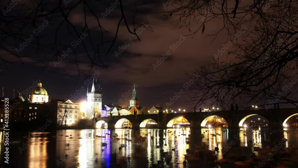 timelapse at night with the castle and charles bridge in Prague timelapse at night with the castle and charles bridge in Prague