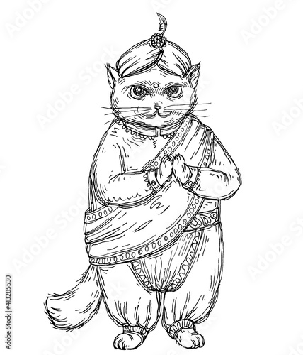Cat dressed in national bavarian clothes and turban. Vintage monochrome hatching illustration