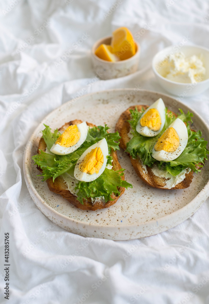 Two egg's sandwiches with cream cheese, green salad and lemon on the white plate, on light background. Two egg's sandwiches with cream cheese, green salad and lemon on the white plate, on light background.