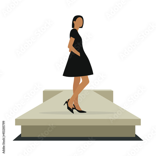 Female character in a short black dress stands on a podium on a white background