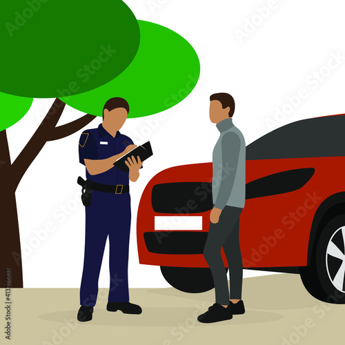 Policeman in uniform writing on a sheet of paper and a young male character stand near a car outdoors