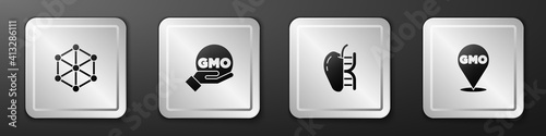 Set GMO, , Genetically modified apple and icon. Silver square button. Vector.