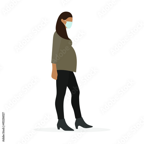 Pregnant female character in medical mask on white background