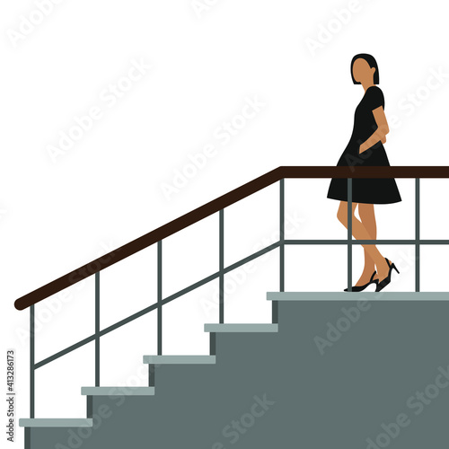 Young female character in black dress stands on the stairs