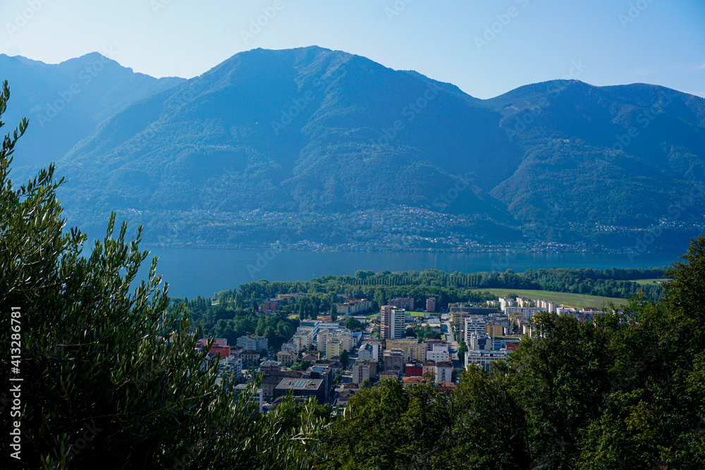 View from Orselina over houses in Locarno to the Lago Maggiore, Switzerland