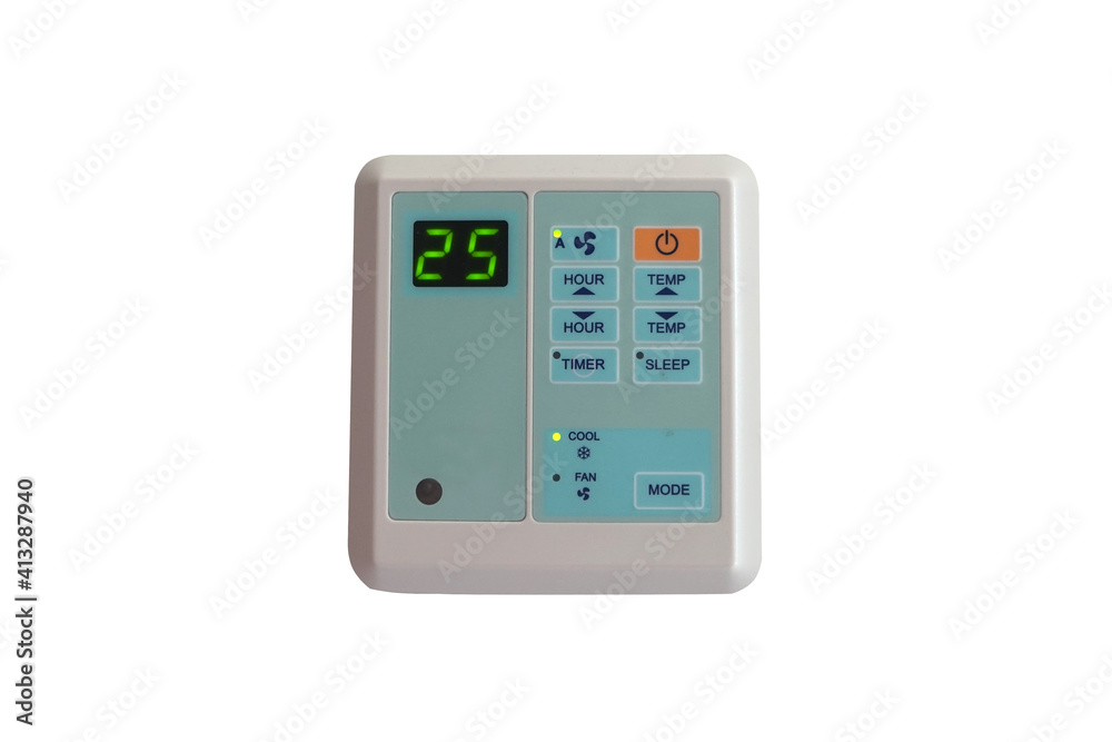 The air conditioner control panel isolated on white background with clipping path and the temperature is set at 25 degrees Celsius. The air conditioner control panel isolated on white background with clipping path and the temperature is set at 25 degrees Celsius.