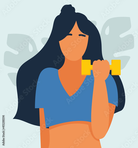 Athletic girl with dumbbells in hand on abstract background of monstera leaves