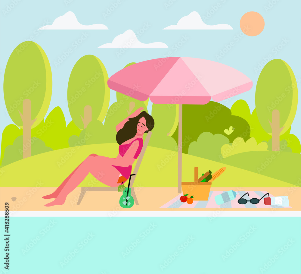 A girl is sitting in a sunbed on the beach by the lake or sea, a girl by the pool under an umbrella. Picnic in nature