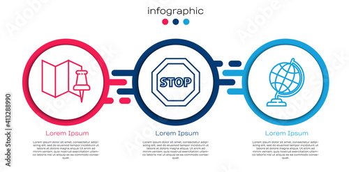 Set line Folded map with push pin, Stop sign and Earth globe. Business infographic template. Vector.