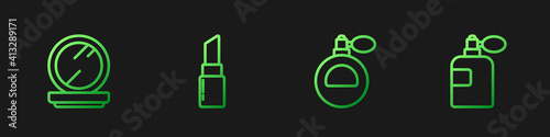 Set line Perfume, Makeup powder with mirror, Lipstick and . Gradient color icons. Vector.