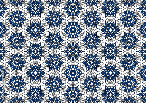 Monochrome Moroccan Design. Grey Mosaic  Background. Blue Arabic Illustration. Black Christmas Template. Ikat Template. White December Decoration. Winter Pattern. Abstract Banner. © K.Balinskaya