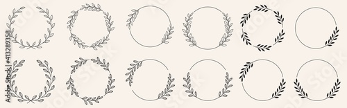 Set of black laurels frames branches with circle borders. Hand drawn collection laurel leaves decorative elements. award, Leaves, invitation decoration, swirls, ornate. Vector icon illustration