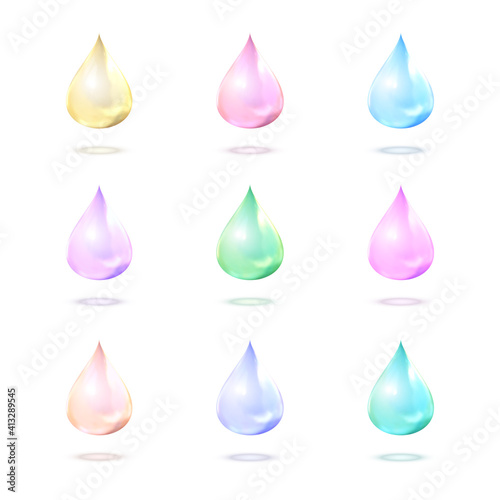 Nine realistic multicolor glass drops