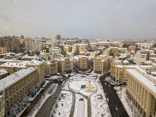 Independence Square in Kiev. Aerial drone view. Frosty winter snowy morning. © Sergey