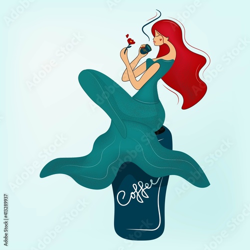 The little mermaid is sitting on a large glass, drinking coffee and admiring the flower. Cute cartoon character for stickers, cards, cover, fashion design. Vector illustration.