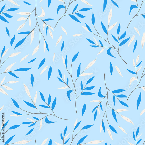 Floral seamless with hand drawn color leaves. Cute autumn background. Tropic blue branches. Modern floral compositions. Fashion vector stock illustration for wallpaper, posters, card, fabric, textile
