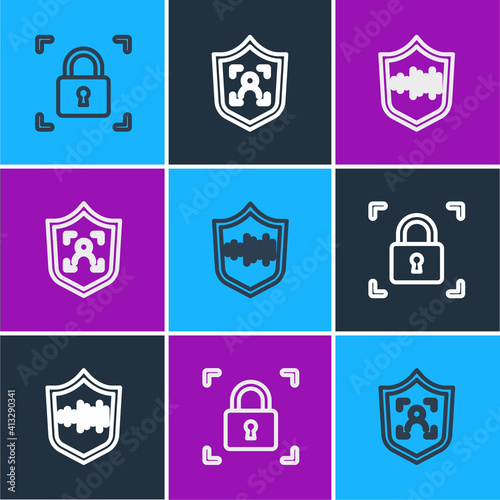 Set line Fingerprint with lock, Shield voice recognition and face icon. Vector.