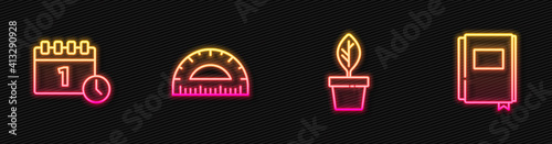 Set line Plant in pot, Calendar first september date, Protractor and Book. Glowing neon icon. Vector.