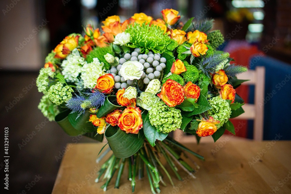 Bright and gorgeous flower floral bouquet of lovely red flowers for Valentines day. Close up photo Bright and gorgeous flower floral bouquet of lovely red flowers for Valentines day. Close up photo