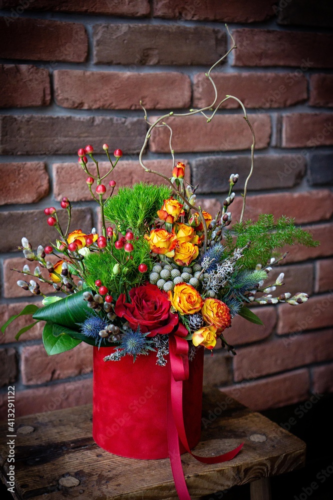 Bright and gorgeous flower floral bouquet of lovely red flowers for Valentines day. Close up photo Bright and gorgeous flower floral bouquet of lovely red flowers for Valentines day. Close up photo