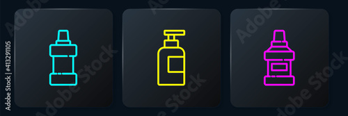 Set line Bottle for cleaning agent, Mouthwash bottle and of shampoo. Black square button. Vector.